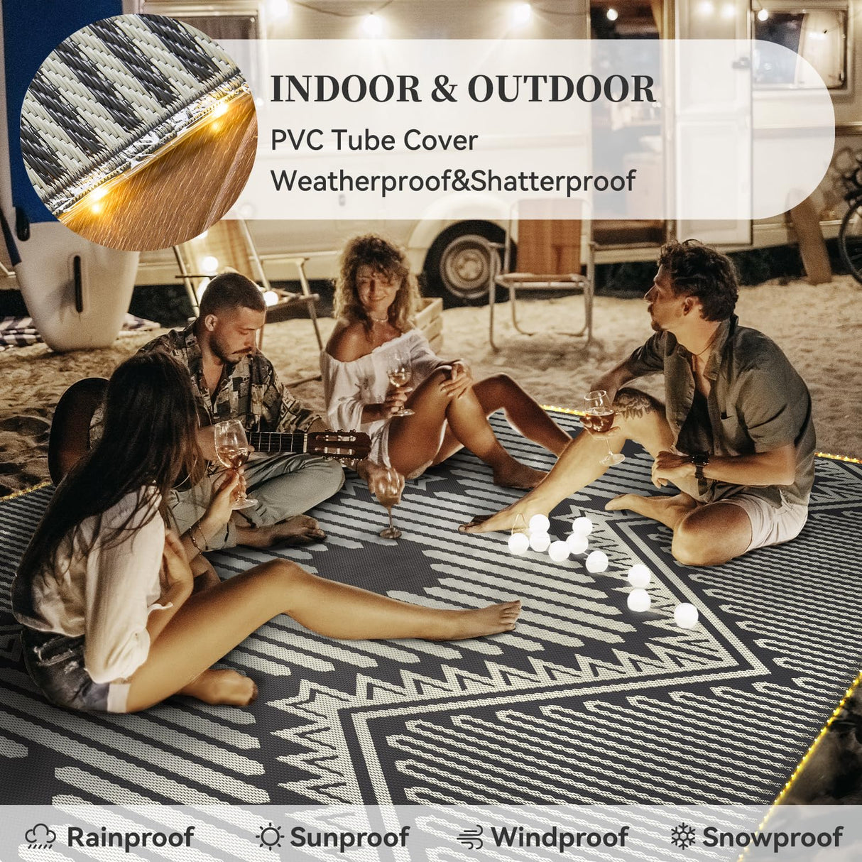 MontVoo Outdoor Rug with Led String Strip Lights 6x9 ft Waterproof Outdoor Patio Rug Mat Reversible Plastic Straw Rug Outside Outdoor Rug for RV Camping Picnic Balcony Fairy Boho Outdoor Decor MontVoo