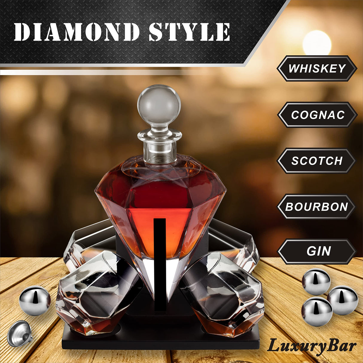 LuxuryBar Diamond Whiskey Decanter Sets for Men with ChillBall &Tray,Whiskey Decanter Set Liquor Dispenser Bourbon Decanter Whiskey Set Gifts for Men LuxuryBar