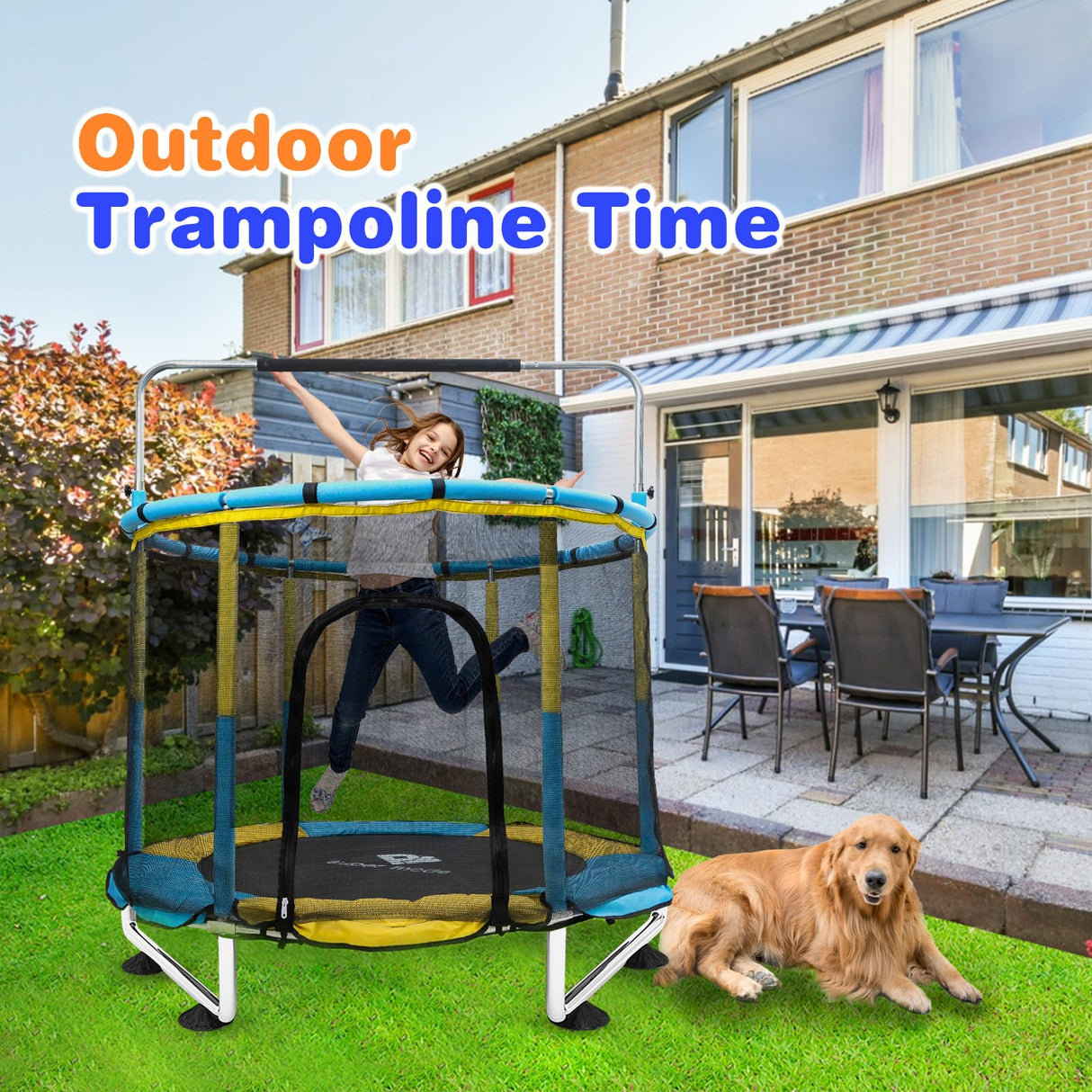Trampoline for Kids, 5FT Adjustable for Toddler, Indoor/Outdoor Baby Trampoline with Enclosure Net, No-Gap Safe Design, Gifts for Boys & Girls (Yellow&Blue) PY SUPER MODE