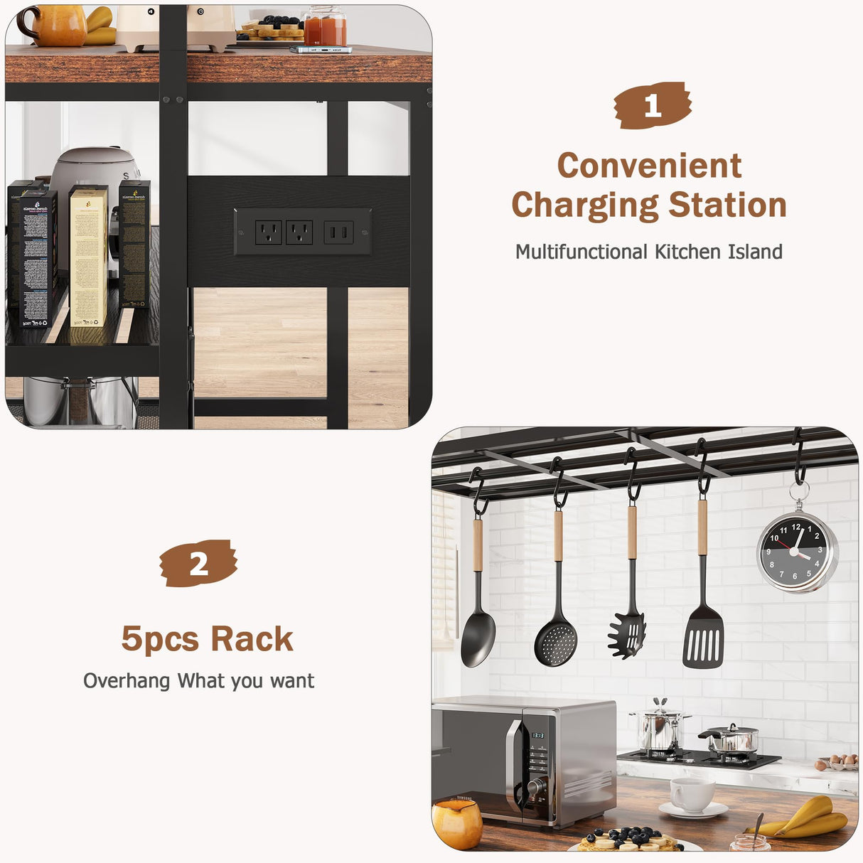 GarveeHome 47'' Large Kitchen Island with Power Outlet, Bakers Rack with Storage, Island Table for Kitchen, 3 Tier Microwave Stand Oven Shelf, Storage Shelf for Kitchen Dining Room Living Room, 5 Hook GarveeHome