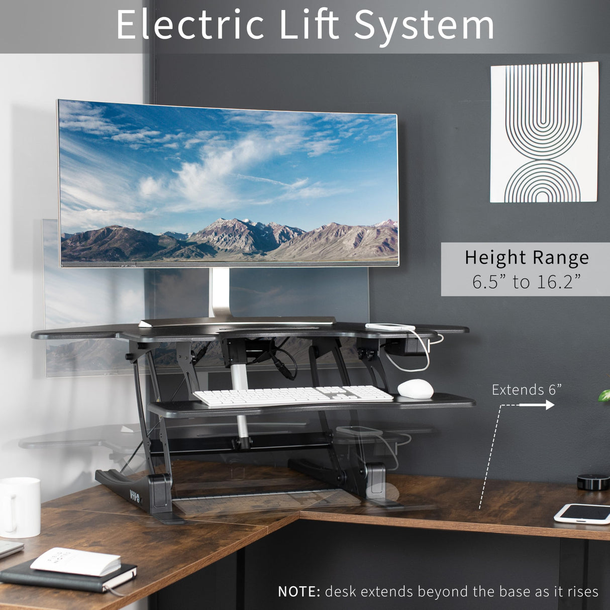 VIVO 43 inch Corner Electric Height Adjustable Cubicle Stand Up Desk Converter, VE Series, Sit to Stand Tabletop Dual Monitor Riser with USB Port, Black, DESK-V000VCE VIVO