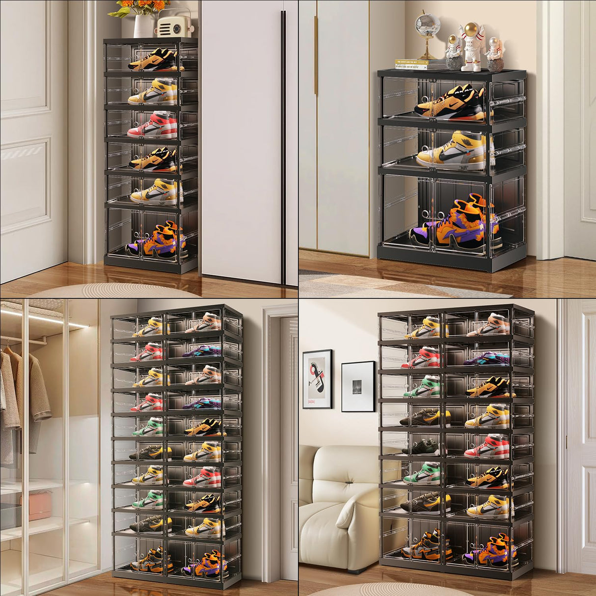 EHAMILY 10 Tiers 20-40 Pairs Foldable Shoe Boxes Large Plastic Shoe Storage Rack Collapsible Shoe Organizer for Closet Clear Stackable Shoes Shelf Storage Cabinet with Doors Quick Assembly Black EHAMILY