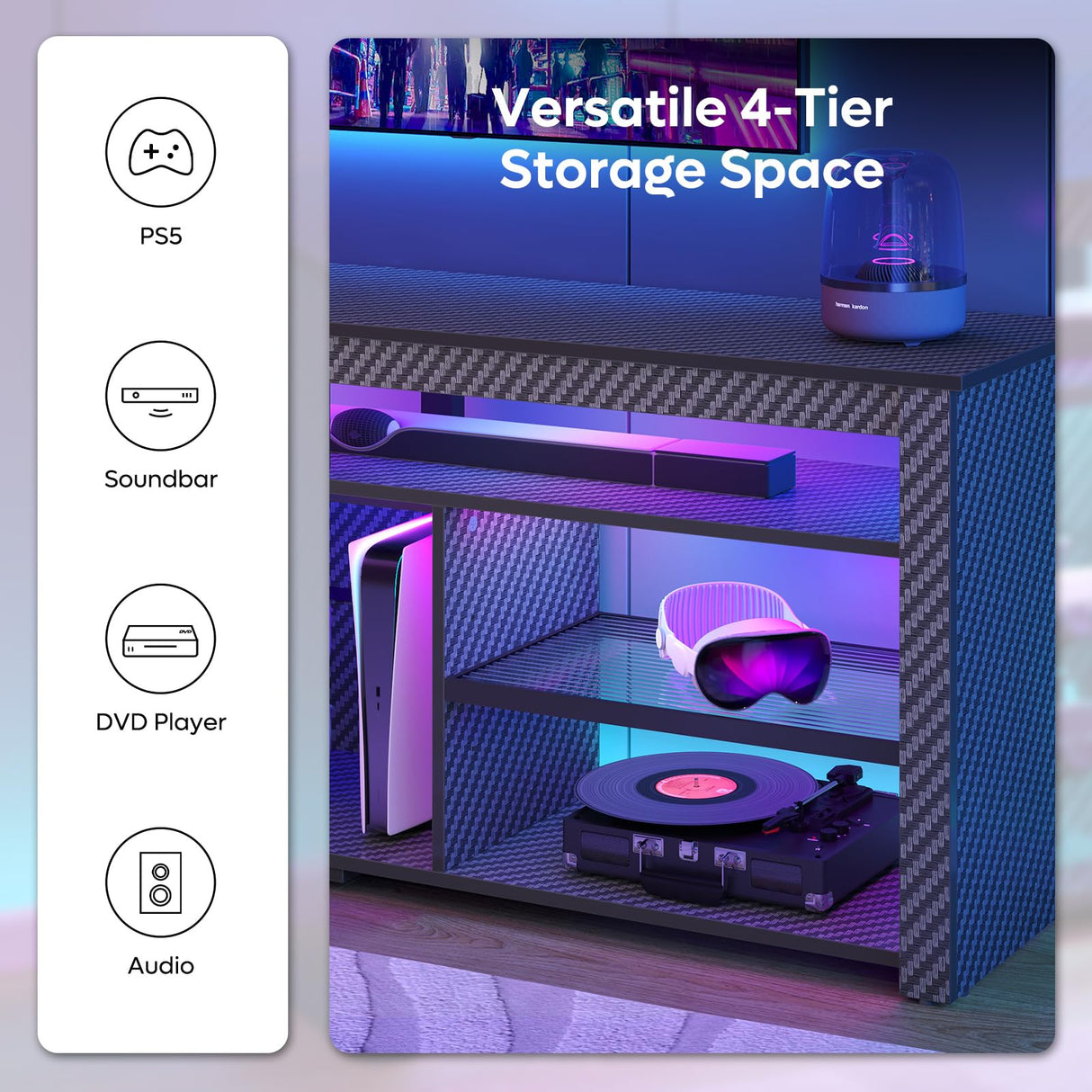 Bestier TV Stand for 70 inch TV, Tall Entertainment Center with 2 Led Lights, Gaming TV Console with Storage for PS5, Modern TV Cabinet for Bedroom, Living Room, Black Carbon Fiber Bestier
