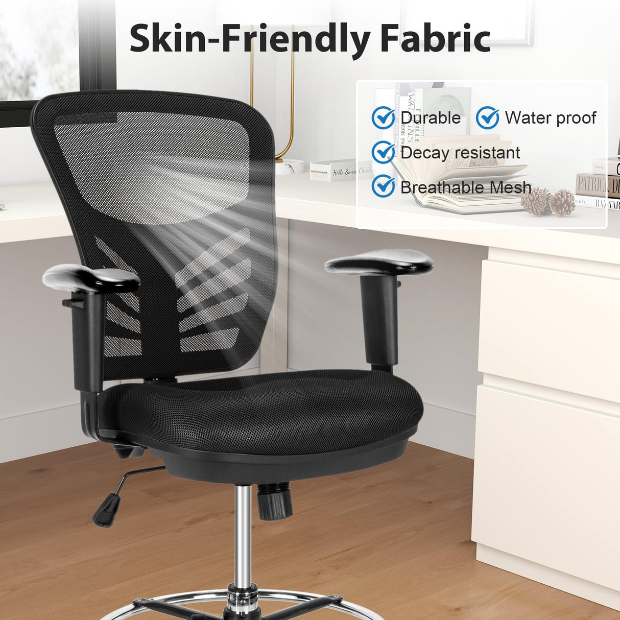 POWERSTONE Drafting Chair, Ergonomic Standing Desk Chair Adjustable Height, Tall Office Chair with Adjustable Armrests and Footrest Ring, High Computer Chair for Tall Desk, Standing Desk POWERSTONE