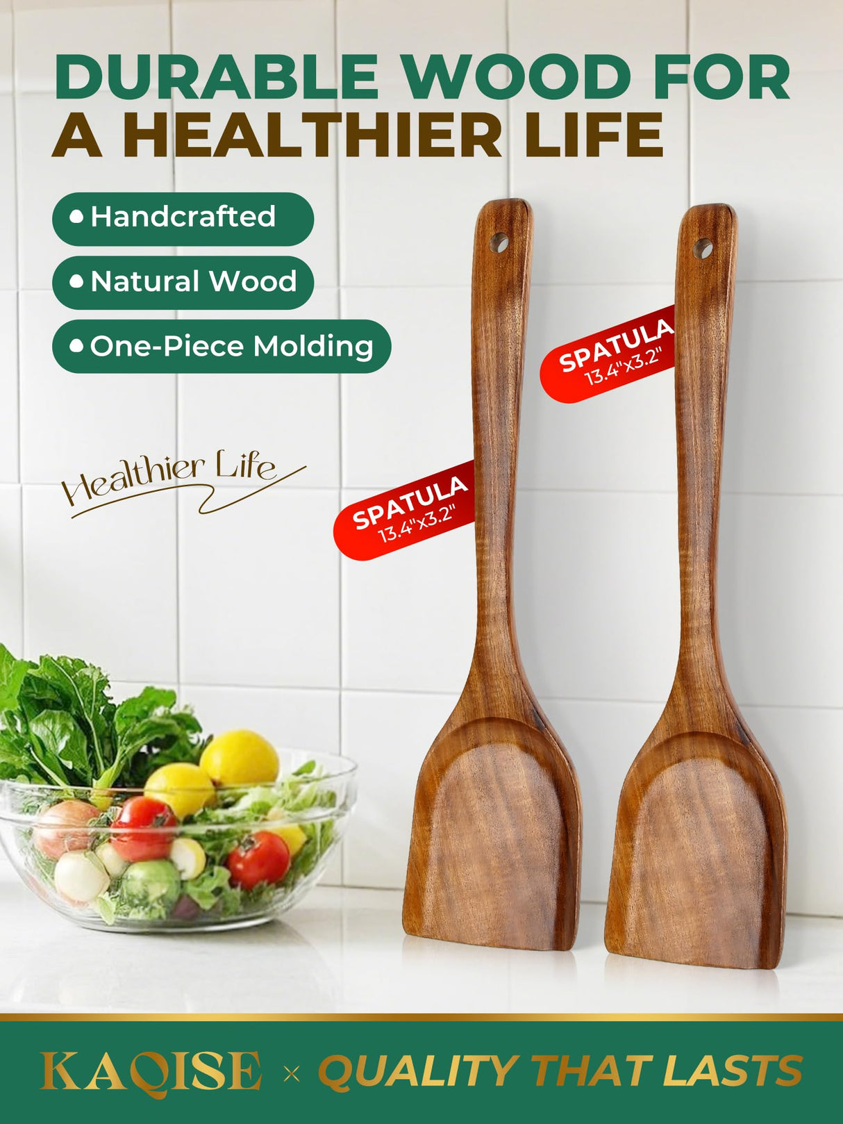 Handmade Wooden Spatulas for Cooking, Natural Teak Wooden Utensils, Smooth Finish Wooden Flat Cooking Spatula Turner Set (2Pcs) KAQISE