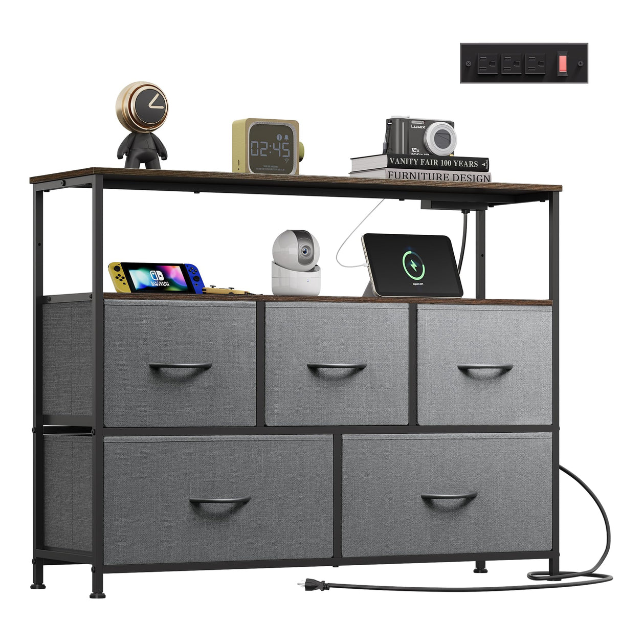 WLIVE 5 Drawer Dresser TV Stand for 45 Inch TV, Entertainment Center with Open Shelf and Power Outlet, Chest of Drawers for Bedroom, Living Room, Closet, Dark Grey WLIVE