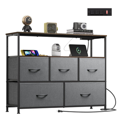 WLIVE 5 Drawer Dresser TV Stand for 45 Inch TV, Entertainment Center with Open Shelf and Power Outlet, Chest of Drawers for Bedroom, Living Room, Closet, Dark Grey