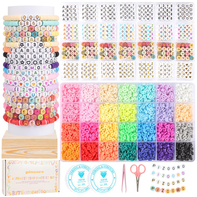 Pizooro Friendship Bracelet Kit, 28 Colors 5040 Pcs Clay Beads 1200 Pcs Letter Beads for Bracelets Making,4 Styles Round Alphabet Beads,Number Beads,Heart Beads & Pattern Beads,Jewelry Craft Kits Gift