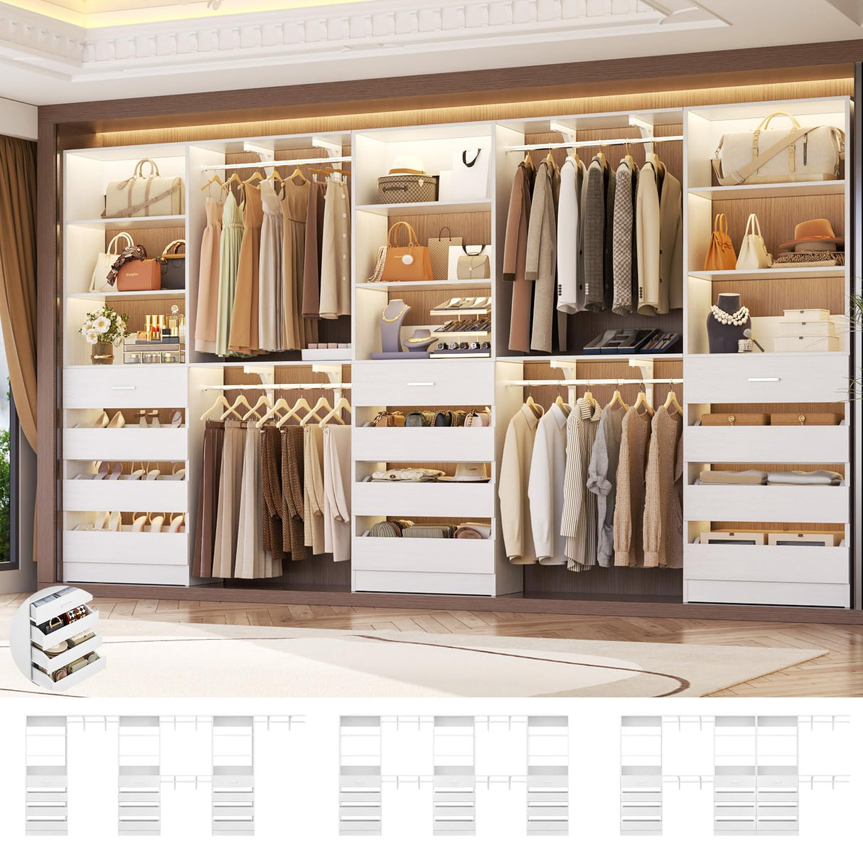 Aheaplus Closet System Set of 3, 138.5" Wood Closet Organizer System Tower with 12 Drawers & 4 Hanging Rods, 6.7+4.85Ft L Shaped Walk-in Closets Wardrobe Organizer Garment Rack with Shelves, White Aheaplus