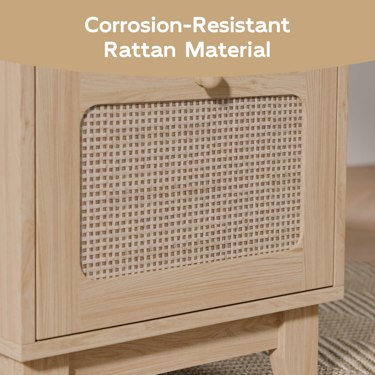 Modern Rattan Nightstand Set of 2, Wicker Rattan Stand with Drawer and Charge Station, Wooden Bedside Table for Small Spaces, Natural Wood Side Table for Bedroom (with Charging Station, 2) Redpick