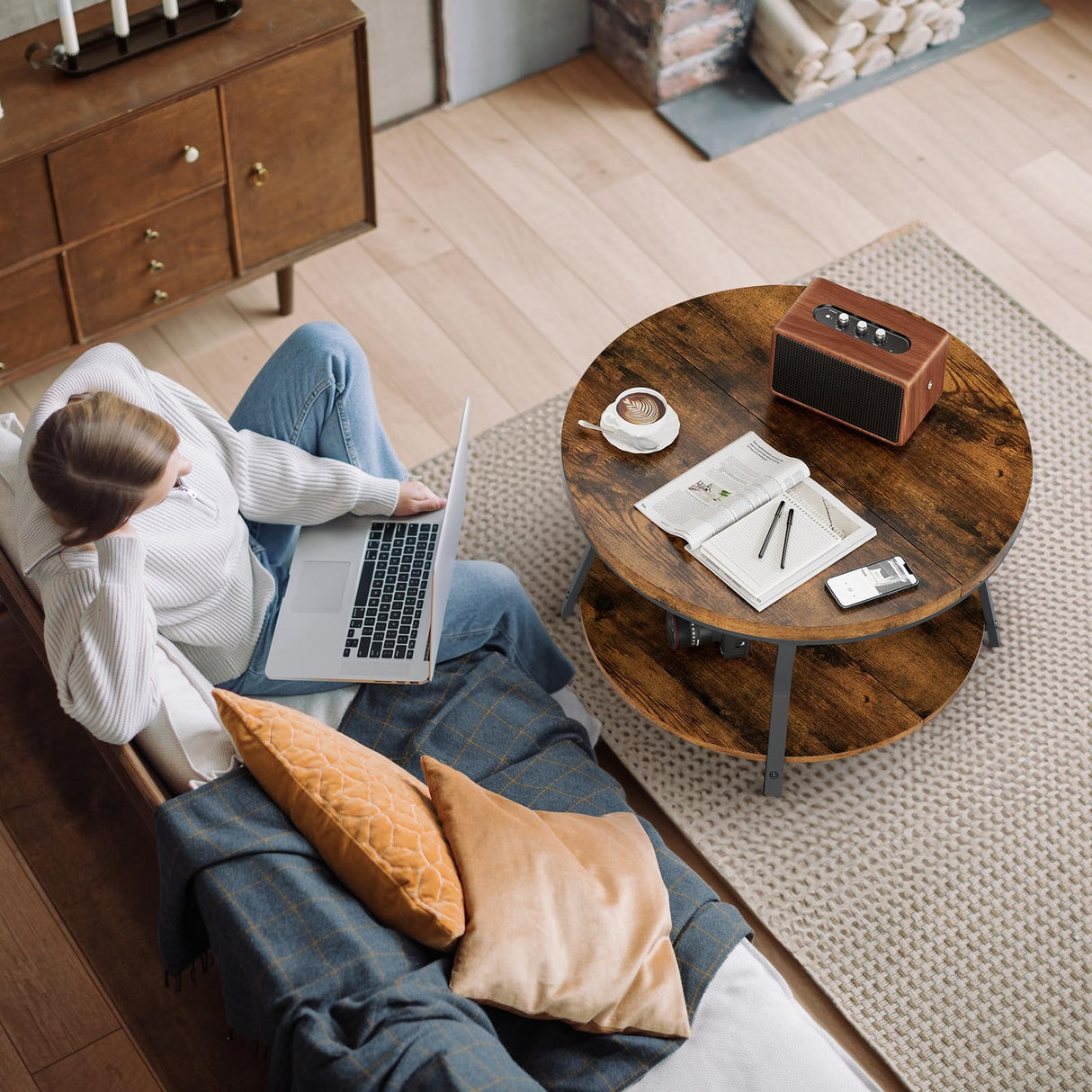 Round Coffee Tables for Living Room, Circle Wood Coffee Table, 2 Tier Industrial Modern Center Table with Thickened Tabletop and Metal Frame, 31.5 inch (Rustic Brown) AntsandAnts