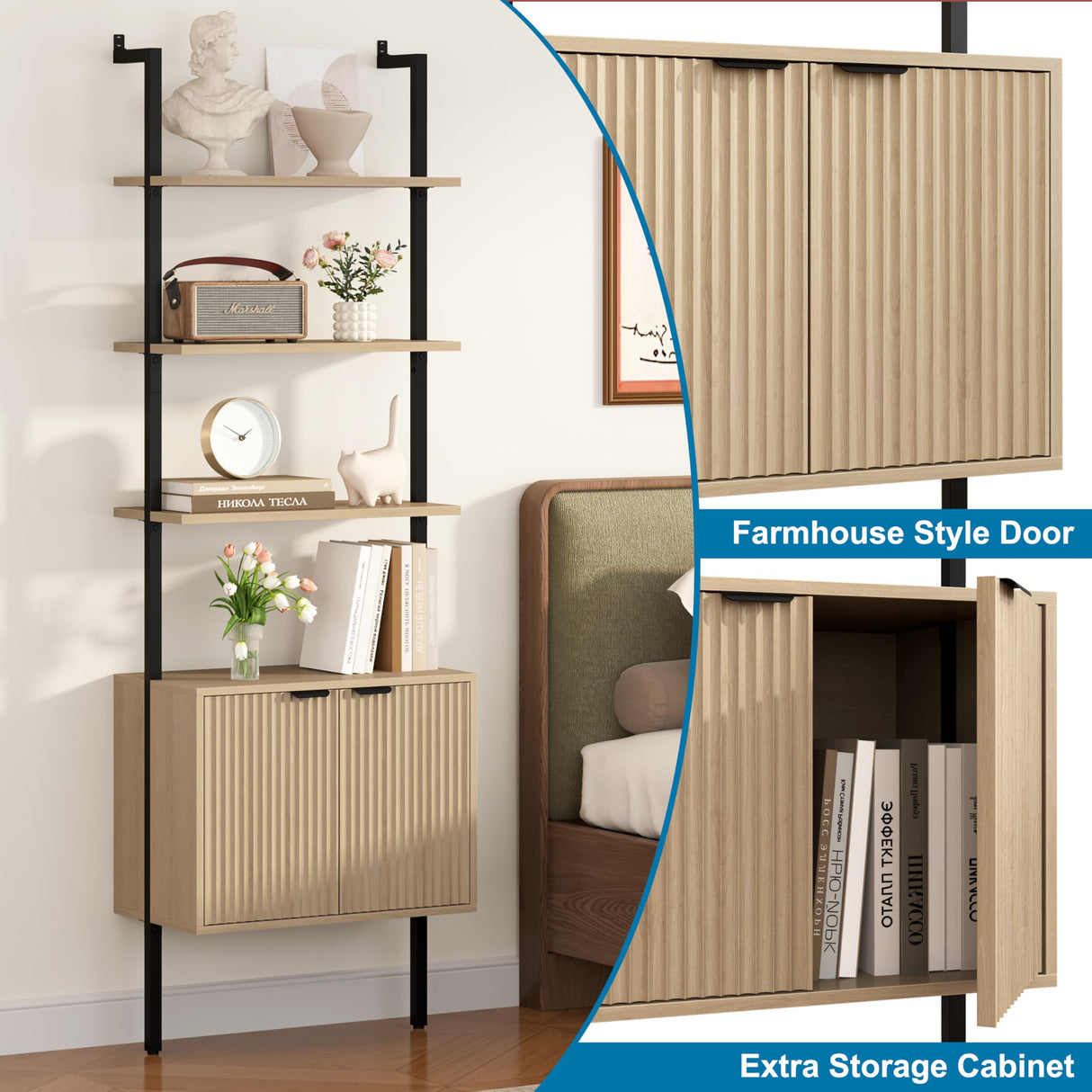 Yusong 73" Tall Bookshelf with Cabinet, Industrial Ladder Wall Mount Shelf Bookcase with Wood and Metal Frame, Plant Shelf Wall Storage Display for Living Room Bedroom, Wavy Light Ivory Yusong