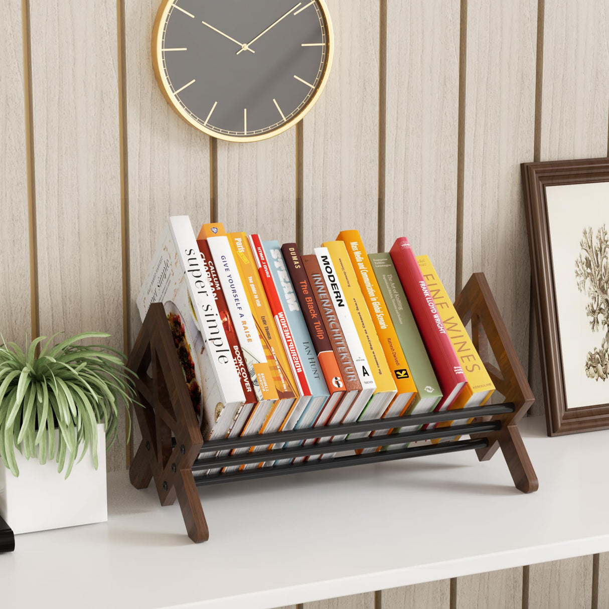 ART-GIFTREE Desktop Bookshelf Organizer, Wood Office Tabletop Book Storage Rack, Tilting Bookcase for Books/CDs/Magazine Display (Black) ART-GIFTREE