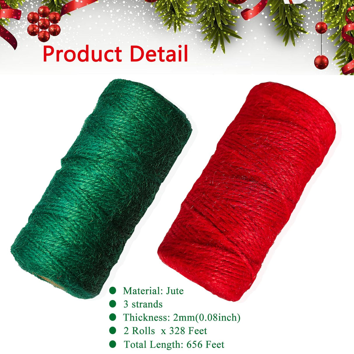 SORDIM Christmas Jute Twine String, 656 Feet Holiday String Rope, Red Green Jute for Gift Wrapping, Craft Making (2pcs) SORDIM