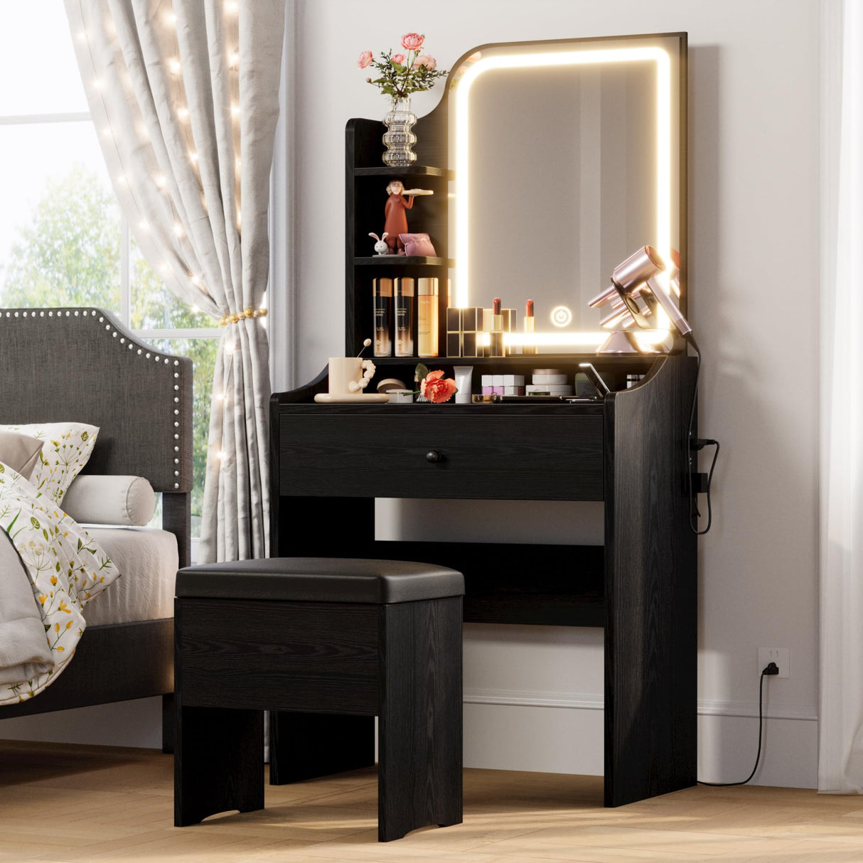 LIKIMIO Small Makeup Vanity Desk with Mirror and Lights, Vanity Table Set with Storage Drawer, Chair and Three Shelves, Bedroom, Black LIKIMIO