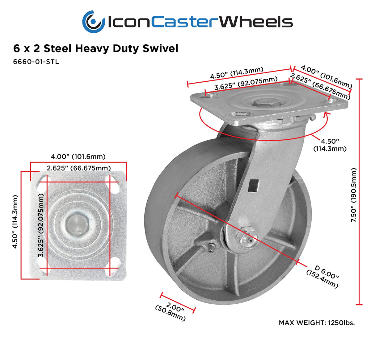 ICONCASTERWHEEL 6" x 2" Steel Heavy Duty Casters, Set of 4 Industrial Casters | 4 Swivel Top Plate Caster, Top Plate 4 x 4.5, Load Capacity 4,800 lbs per Set (4-Pack) ICONCASTERWHEELS
