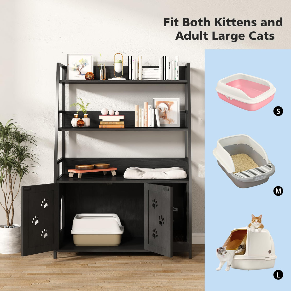 Recaceik Cat Litter Box Enclosure with Shelf Storage, Hidden Cat Washroom Furniture, Large Wood Cat Litter Box Furniture Hidden with Storage and Scratch, Fit Most of Litter Box, Black Recaceik