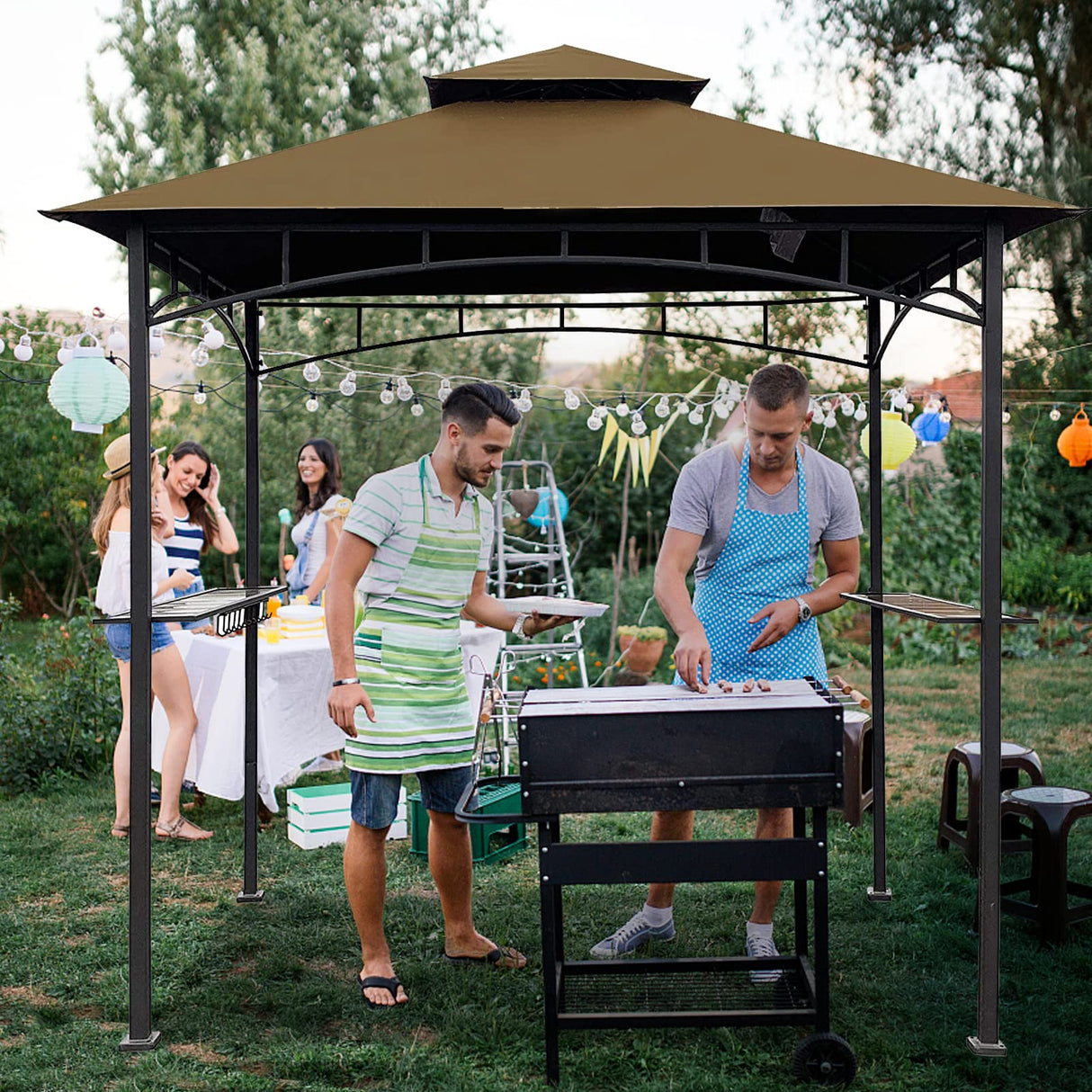 Grill Gazebo Replacement Canopy Top - Wonwon 5x8 Gazebo Roof Double Tiered Outdoor BBQ Roof Cover Grill Shelter Only Fit for Model L-GG001PST-F (Brown) Wonwon