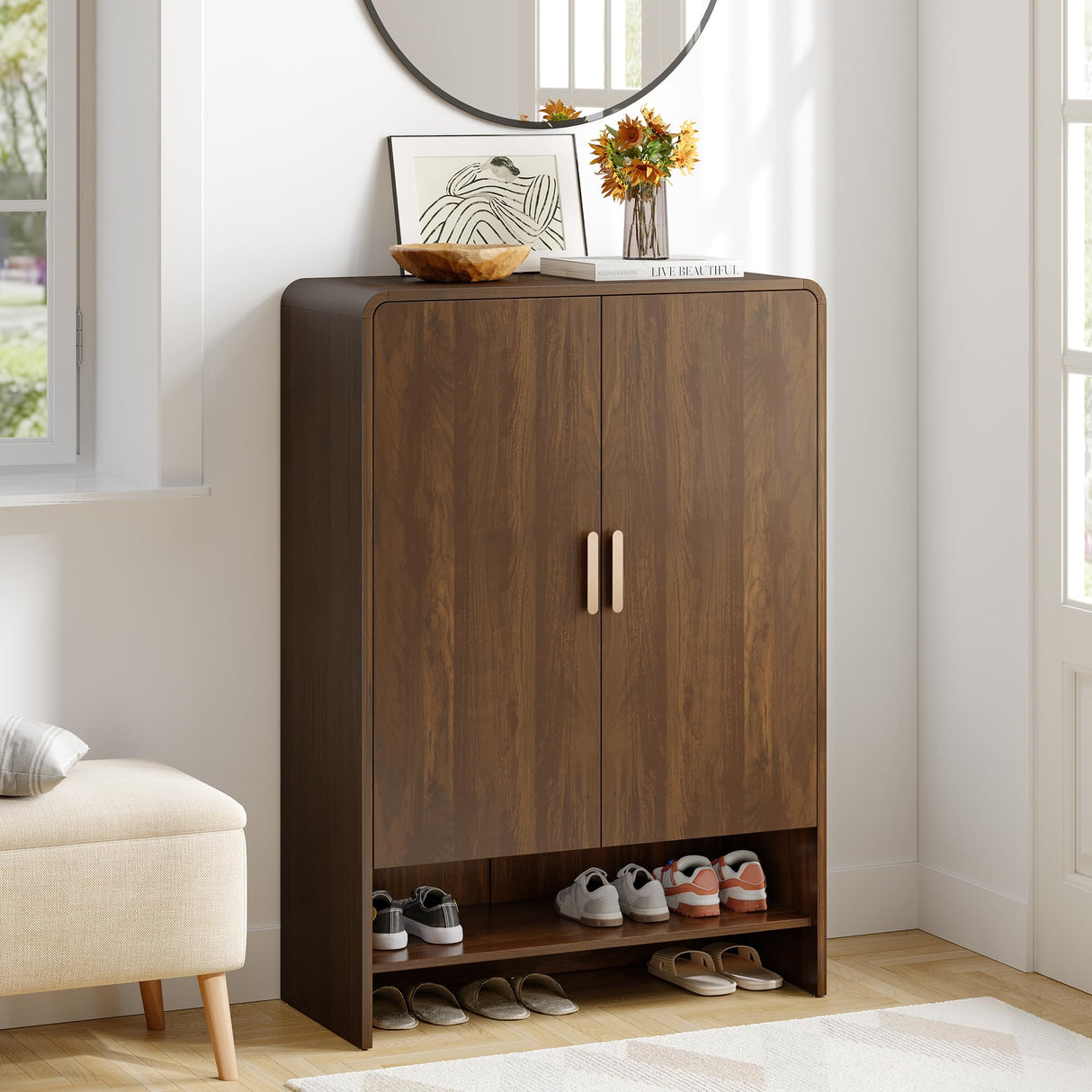 ONBRILL 6-Tier Shoe Storage Cabinet, 45'' Large Farmhouse Shoe Cabinet for Entryway, Modern Wooden Shoe Rack Organizer with Doors and Shelves, for Front Door Hallway (Walnut) ONBRILL