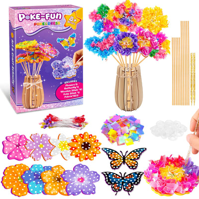 DREACAREFT Poke Art and Craft Flower Bouquet Kits for Girls, 8 Flowers & 2 Butterflies with Wooden Vase, Mess Free DIY Creative Activity, Birthday Gifts Toys for 5 6 7 8+ Year Old Girls