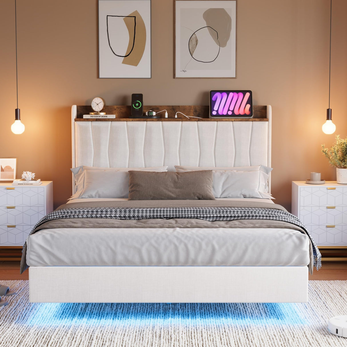 IDEALHOUSE Full Floating Bed Frame with LED Lights & Charging Station, Upholstered Platform Bed with Storage Headboard, Wood Slats Support, No Box Spring Needed, Easy to Assemble, White IDEALHOUSE
