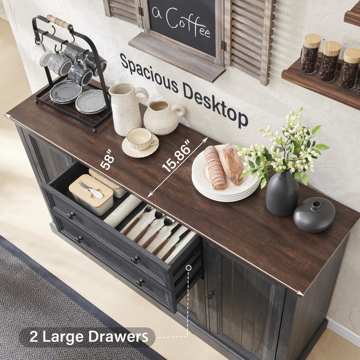 Farmhouse Sideboard Buffet Cabinet with Storage, 58'' Large Coffee Bar Stroage Cabinet with 2 Drawers and 4 Doors, Wood Rustic Accent Cabinet for Dinning Room, Hallway, and Living Room, Dark Grey IFGET