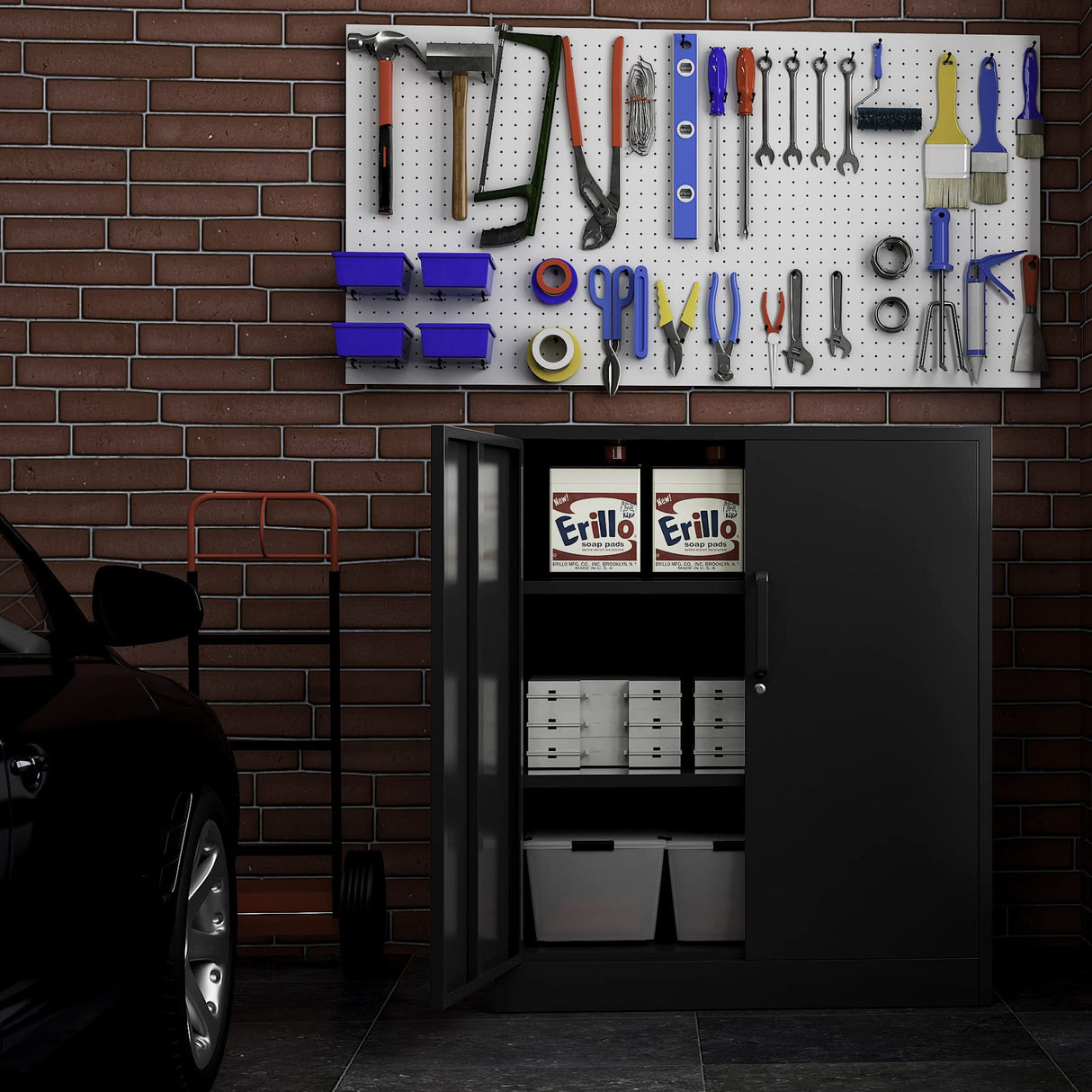 Anxxsu Metal Storage Cabinet, Lockable Steel Storage Cabinet with 2 Doors and Shelves, Metal Cabinet with Lock, Small Locking Cabinet for Home Office (Black) Anxxsu