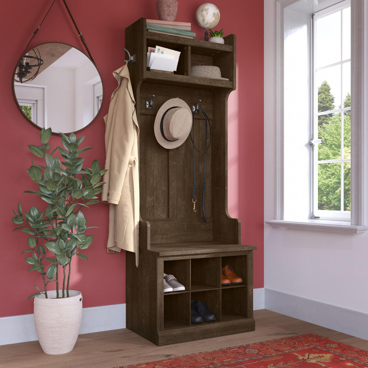 Bush Furniture Woodland 24W Hall Tree and Small Shoe Bench with Shelves in Ash Brown | Narrow Foyer, Mudroom, Entryway Storage Bush Business Furniture