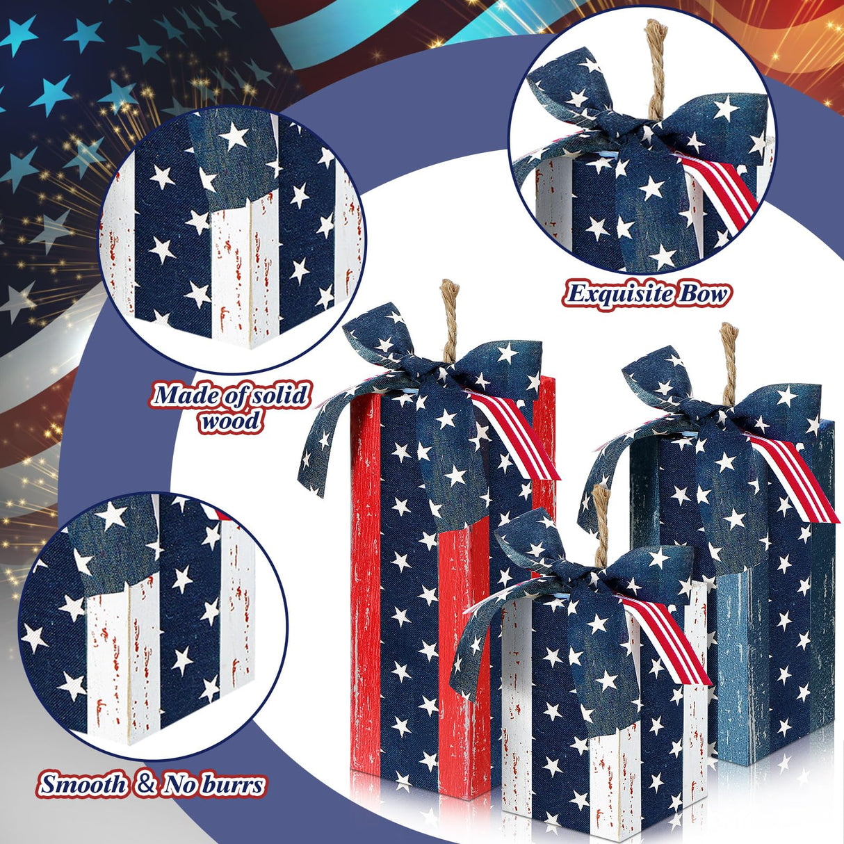 DoubleFill 3 Pcs 4th of July Decor Rustic Wood Presents Firework Patriotic Wooden Faux Blocks with Bowknot Independence Day Centerpiece for Table 4th of July Tiered Tray Decor Farmhouse Decorations DoubleFill