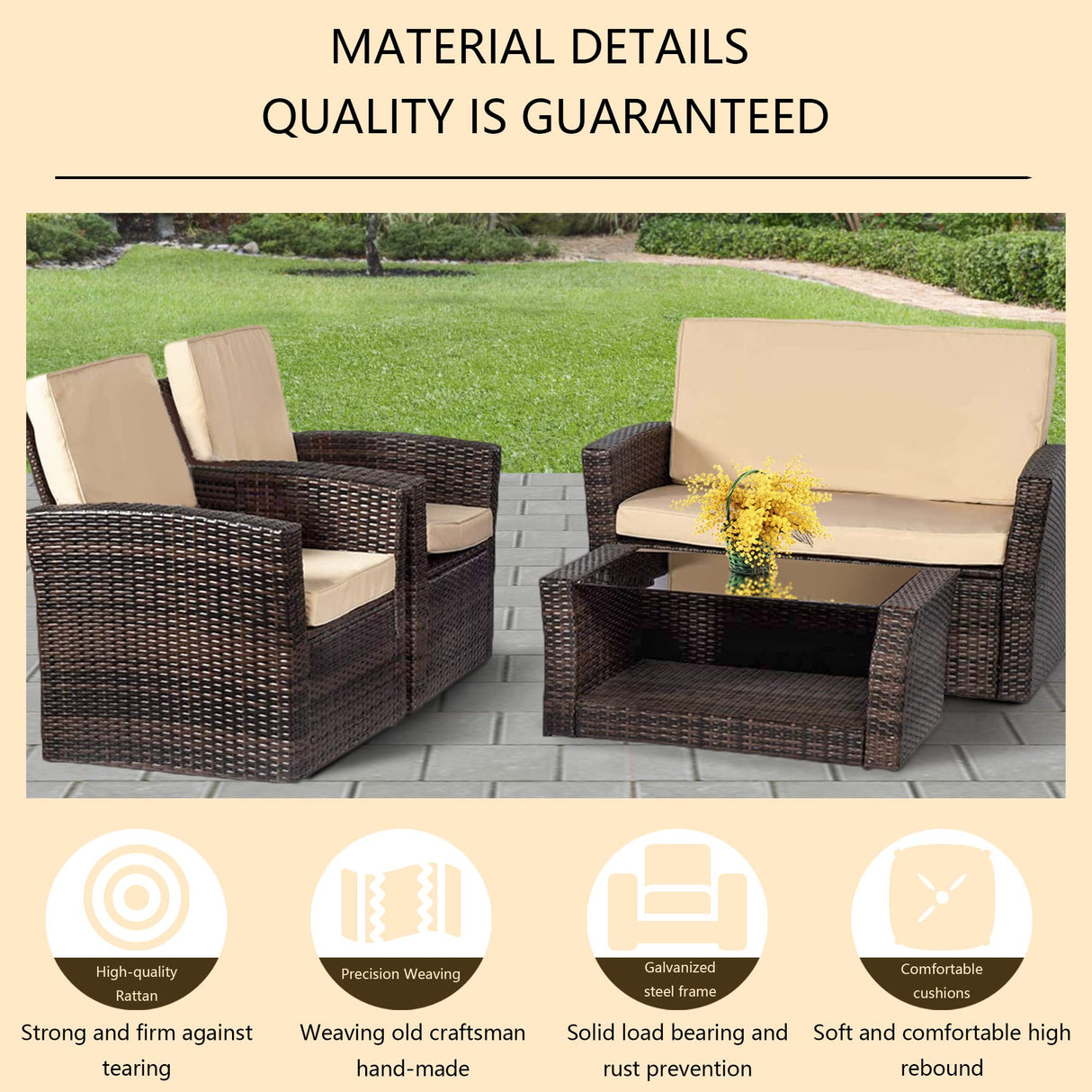 4 Pieces Patio Conversation Set, Outdoor PE Rattan Wicker Sofa Furniture Set with Soft Cushions and Glass Coffee Table for Backyard Lawn Garden Balcony Porch Poolside,Brown PayLessHere