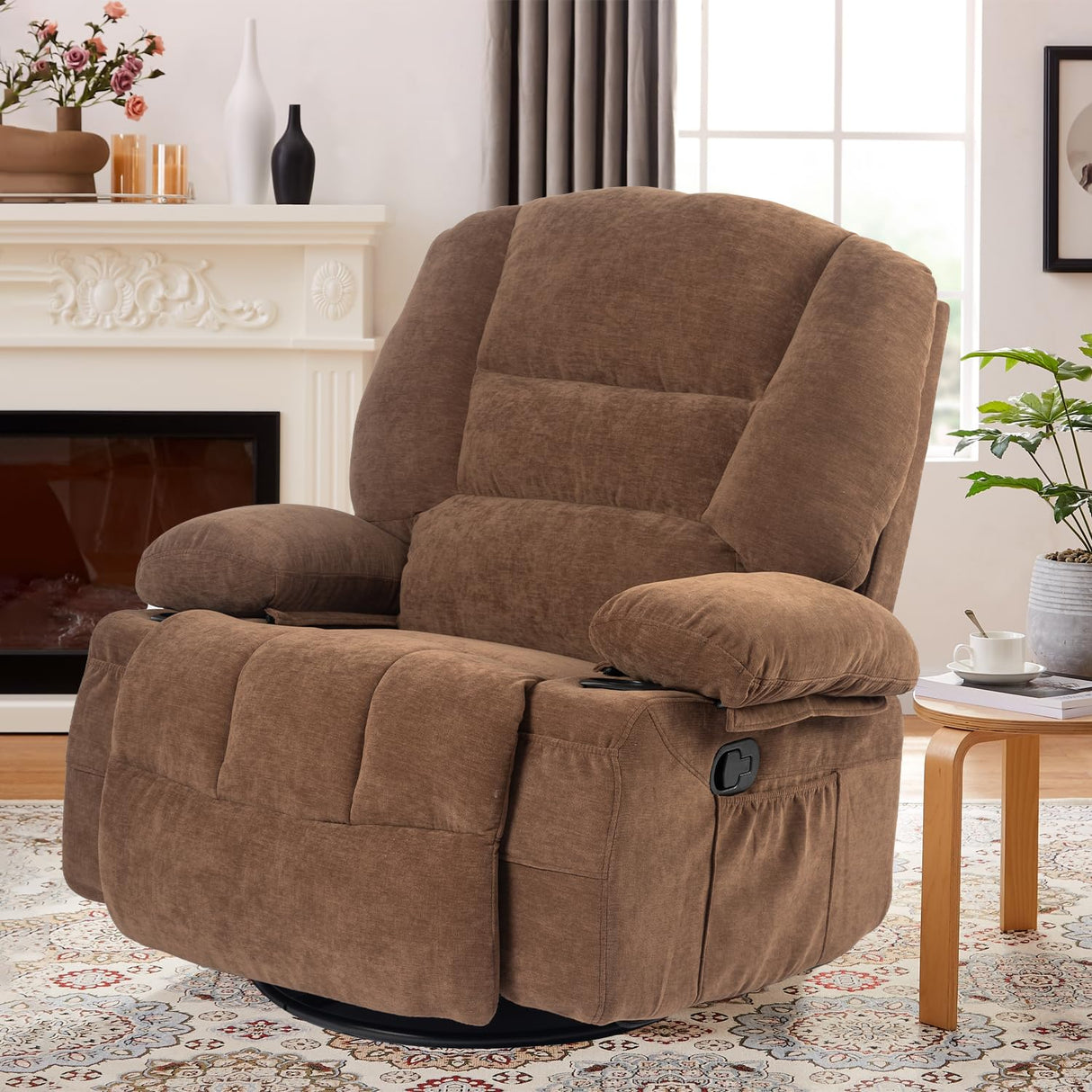 KCQ Overstuffed Swivel Rocker Recliner Chairs with Massage and Heat Fabric Manual Recliners with Cup Holders Brown Rocking Reclining Chairs for Adults KCQ