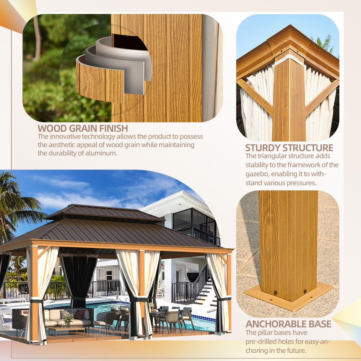 YOLENY 12' x 18' Hardtop Gazebo Faux Wood Grain Metal Gazebo with Aluminum Frame, Galvanized Steel Double Roof, Outdoor Patio Gazebo Pergolas with Netting and Curtains for Backyard, Patio, Lawns YOLENY