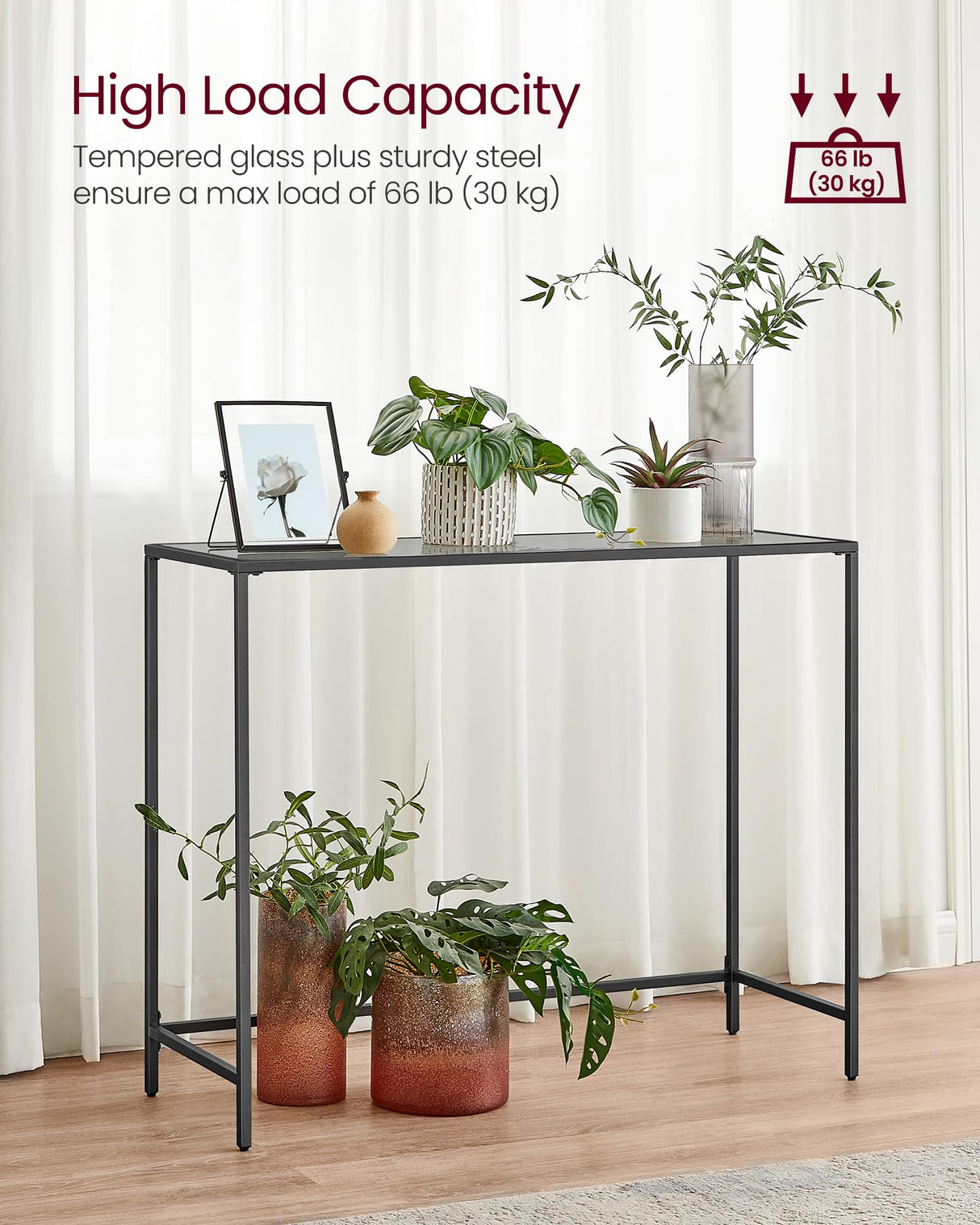 VASAGLE Entryway Table, Console Table, Tempered Glass Tabletop, Modern Sofa Table, Easy Assembly, with Adjustable Feet, for Living Room, Entryway, Ink Black and Slate Gray ULGT132B01 VASAGLE