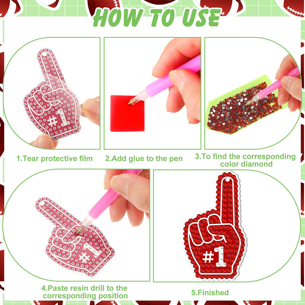 Yinkin 15 Pcs Football Diamond Art Keychains 5d Diamond Painting Keychain Football Party Decoration DIY Ornaments Pendant Kits for Adult Yinkin