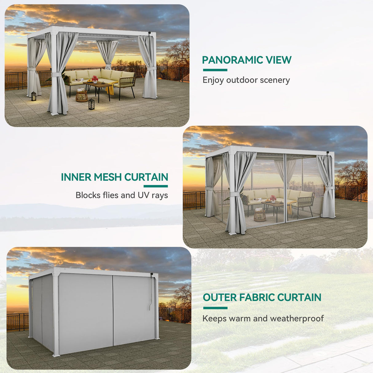 YITAHOME 10x13ft Louvered Pergola Outdoor Aluminum with Adjustable Roof Pergolas Sun Shade Shelter with Netting and Shaded Curtains for Lawns, Patio, Deck and Backyard, White YITAHOME