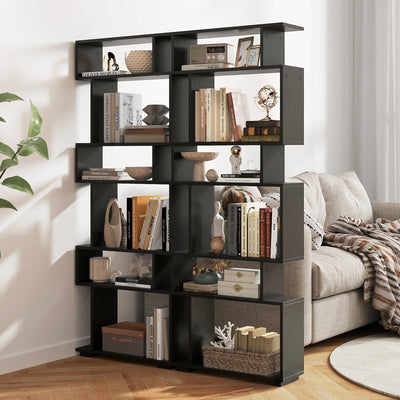SILKYDRY 6 Tier S Shaped Bookshelf, Wood Geometric Bookcase, Modern Room Divider and Display Shelf, 64" Tall Staggered Bookshelf for Bedroom Living Room Office Study (2, Black)