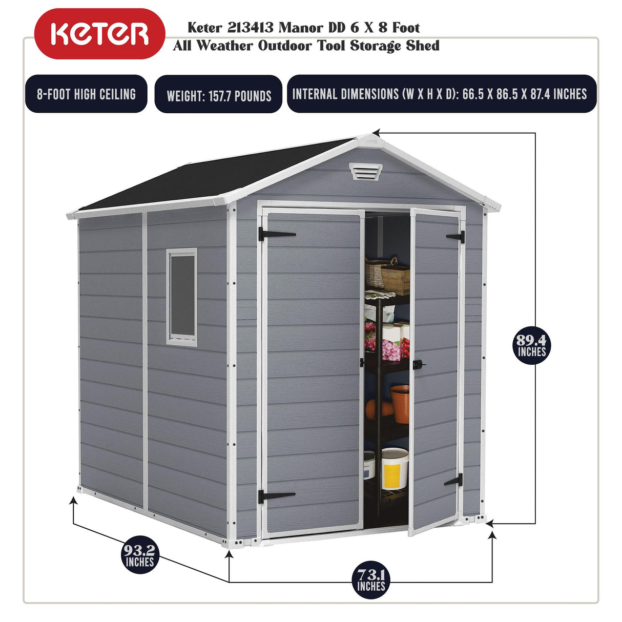 Keter Manor 6 x 8 Foot All Weather Garden Tool Outdoor Storage Shed Durable Resin Organizer with Lockable Double Doors and Fixed Window, Gray Keter
