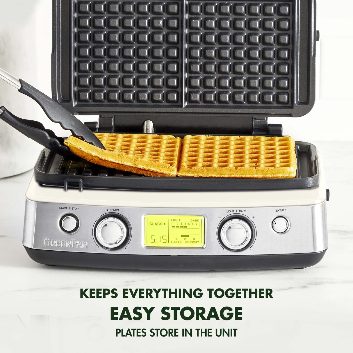 GreenPan Elite 2-Square Belgian & Classic Waffle Iron, Healthy Ceramic Nonstick Aluminum Dishwasher Safe Plates, Adjustable Shade/Crunch Control, Wont Overflow, Easy Cleanup Breakfast, PFAS-Free,White GreenPan