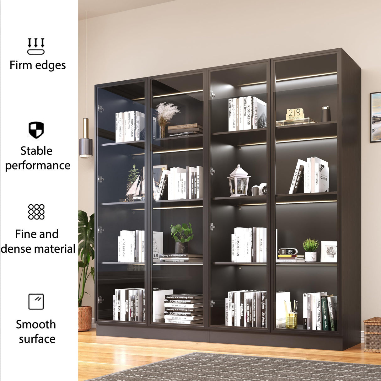 Wildhome Display Storage Cabinet with Glass Door, LED Lights,Showcase for Collections, Perfume, Vinyl Albums, Bookcase for Home Office, Living Room, Clinic, Pantry (Black- 4 Layers) Wildhome
