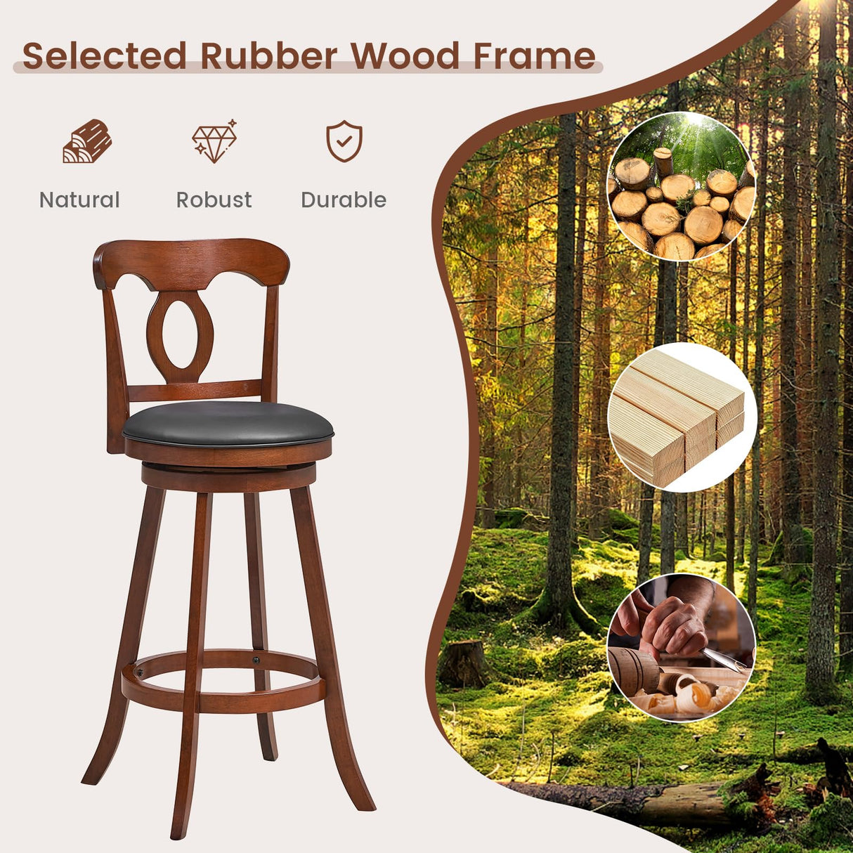 COSTWAY Bar Stools Set of 2, 30 Inch Swivel Bar Height Chairs with Ergonomic Back & Footrest, Vintage Wooden Barstool Set for Kitchen Island, Pub, COSTWAY