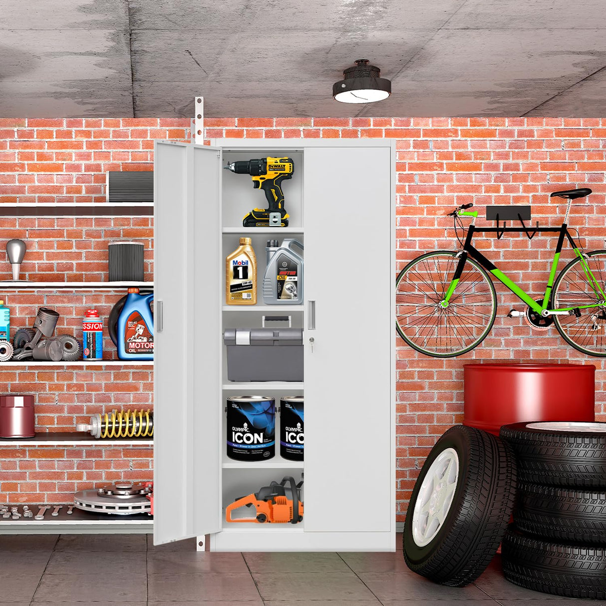 CJF Metal Storage Cabinets with Adjustable Shelves, Locking Storage Cabinet for Garage, Office, School - White CJF