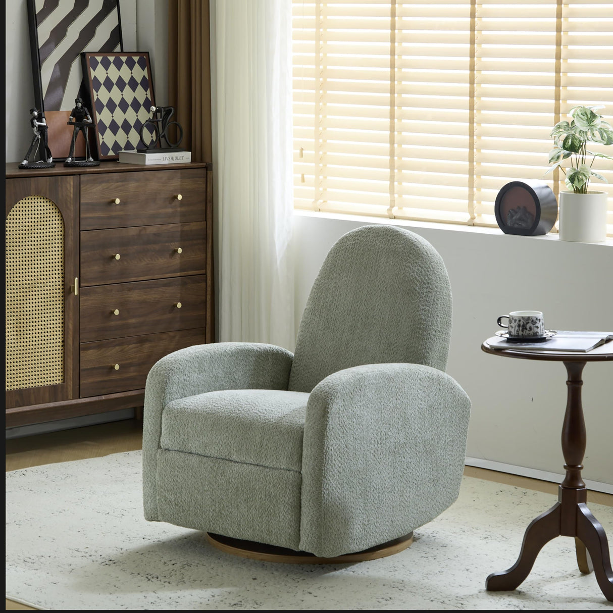 GDFStudio Swivel Glider Recliner Chair Nursery Rocker Recliner Chair with Boucle Upholstered High Back Single Seat Sofa Chair with Deep Seat Manual Nursing Reclining for Living Room, Light Green GDFStudio