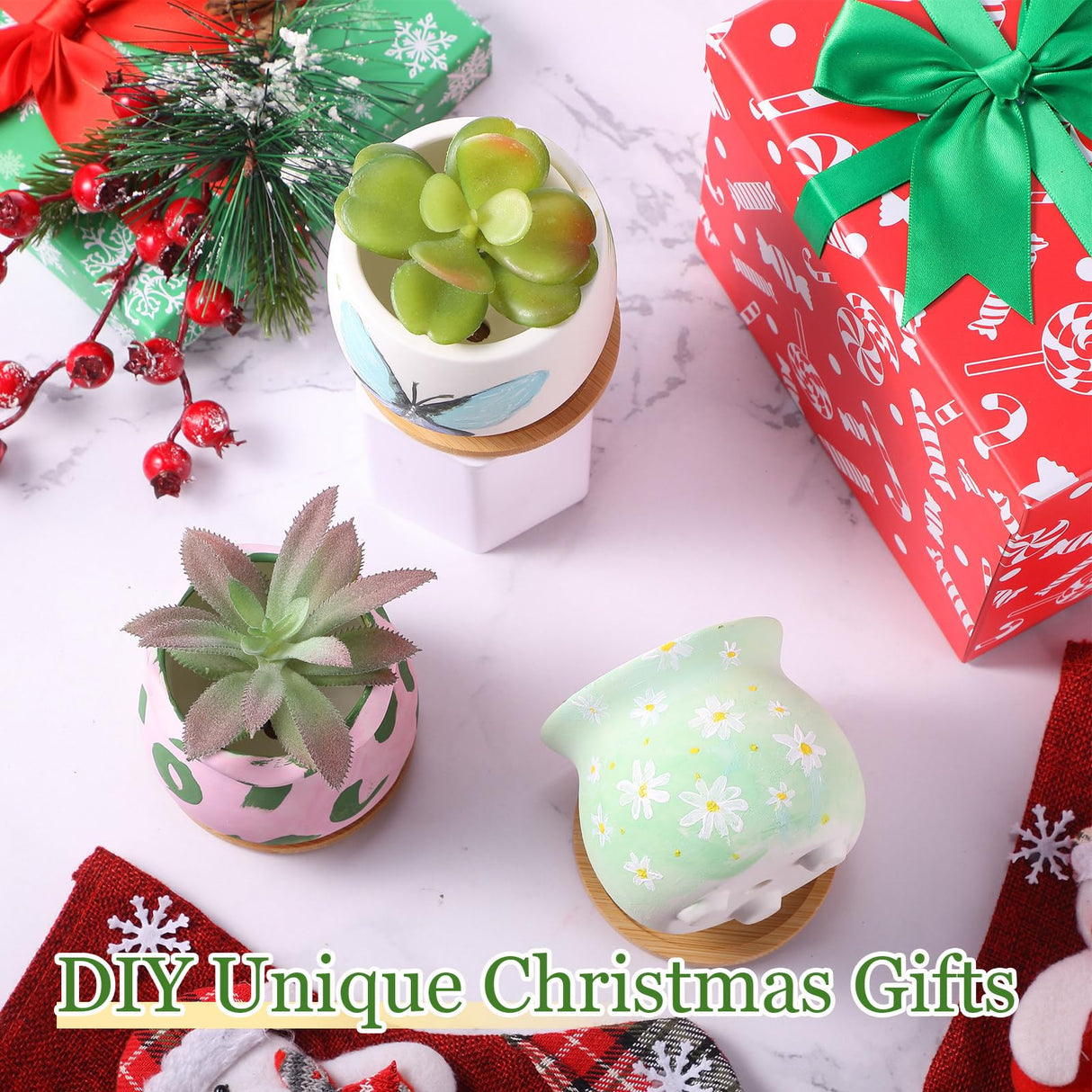 Remerry 6 Pcs 3.5 Inch DIY Ceramic Succulent Pots for Painting Figurines Paint Craft Kit Unpainted Ceramic Bisque Paintable Flowerpots with Drainage Hole Ready to Paint Remerry