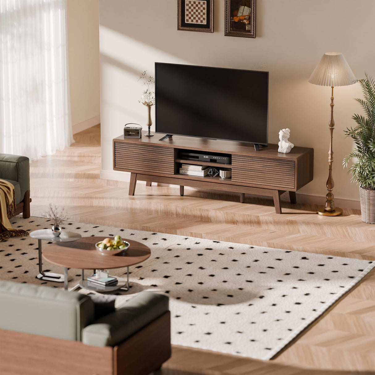 TOLEAD TV Console, Mid Century Modern Media Console for 55/60/65 Inch TV, Low Profile TV Stand with Fluted Sliding Doors, Boho Light Wood Credenza for Living Room (Walnut, 59") TOLEAD