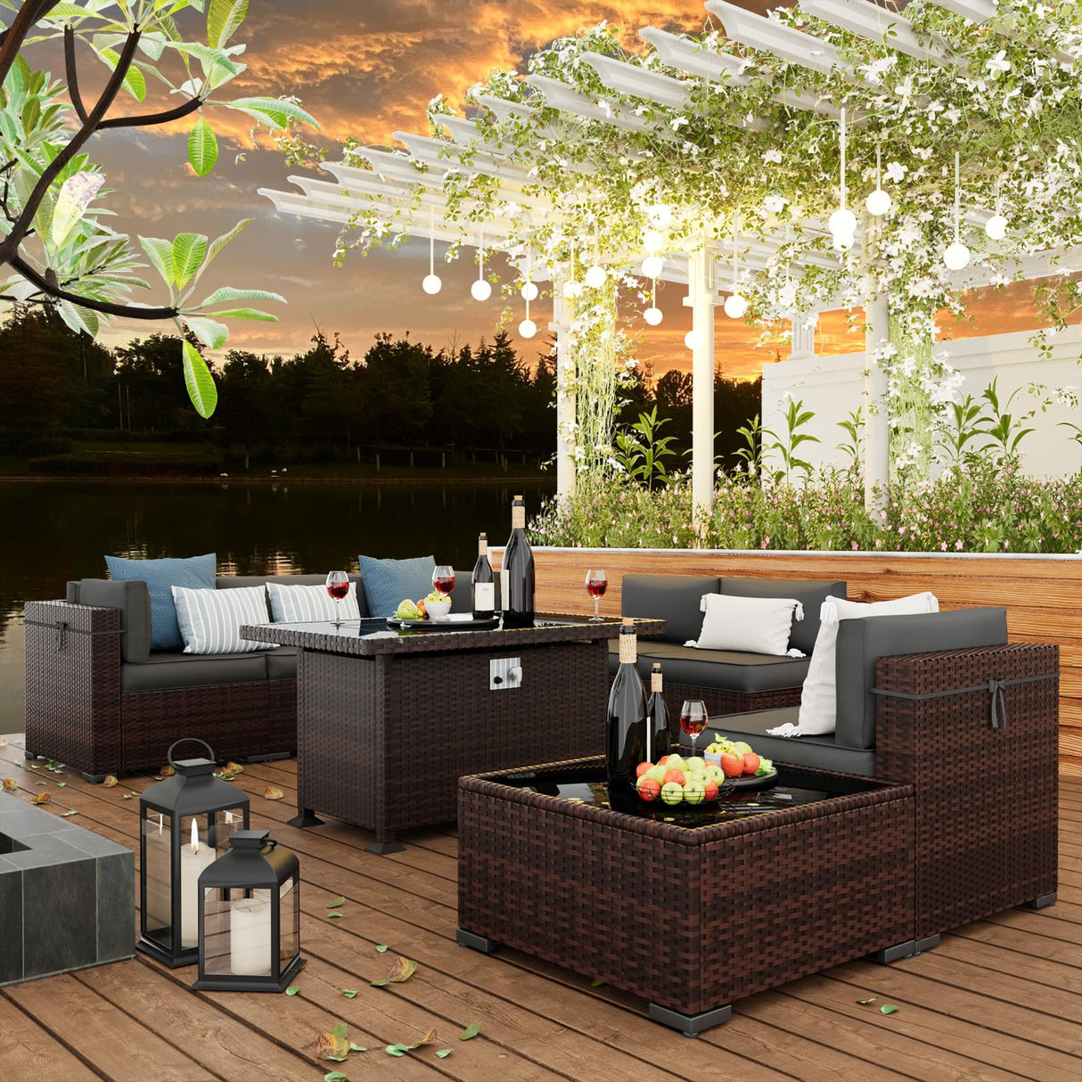 Amopatio 8 Pieces Patio Furniture Set Outdoor with Gas Fire Pit Table, PE Wicker Pit Conversation Set, 44" Gas Fire Patio Sectional Furniture with Grey Cushions, Coffee Table, Waterproof Covers Amopatio