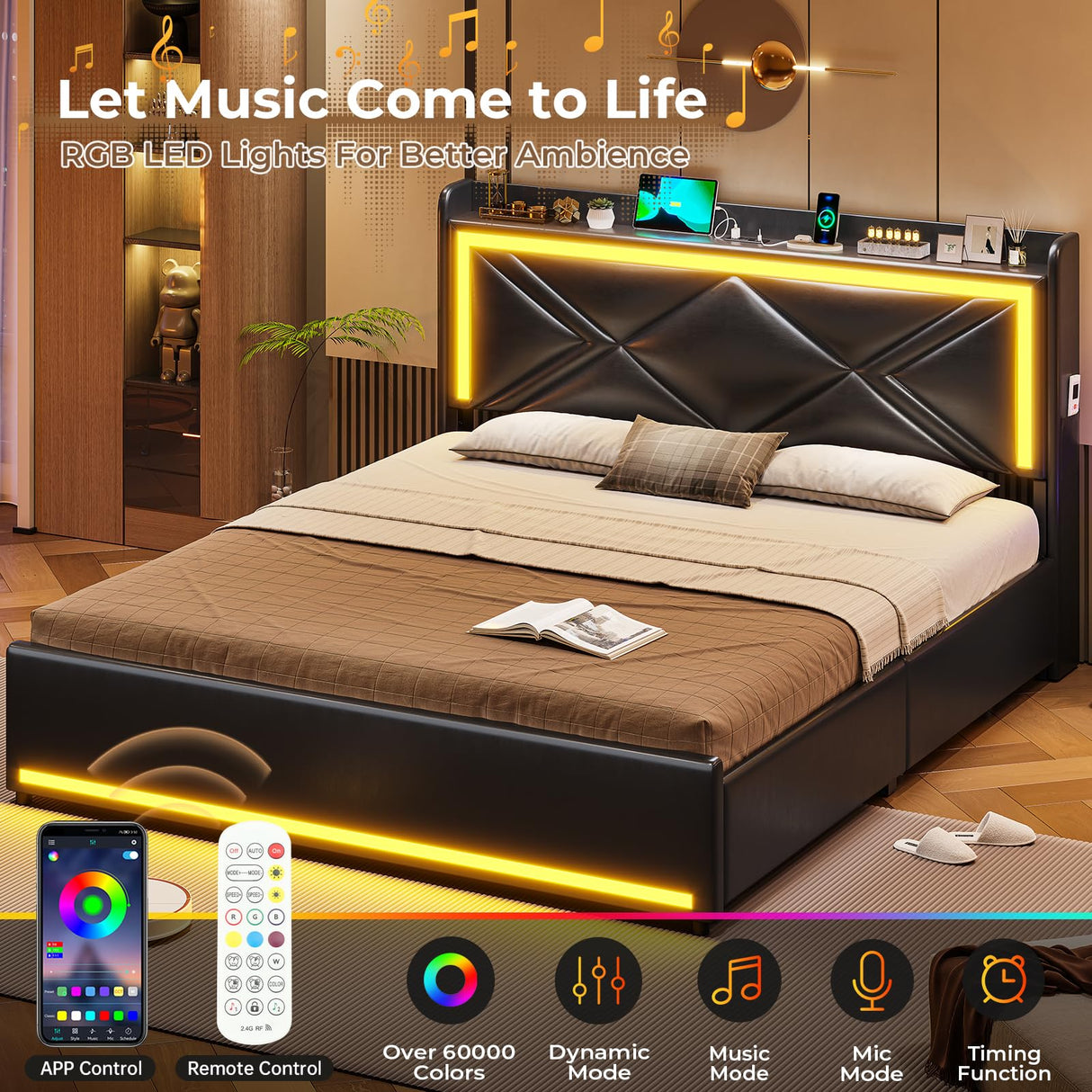 HAUOMS Queen Size Upholstered LED Bed Frame with Storage Headboard and 4 Drawers in PU Black HAUOMS