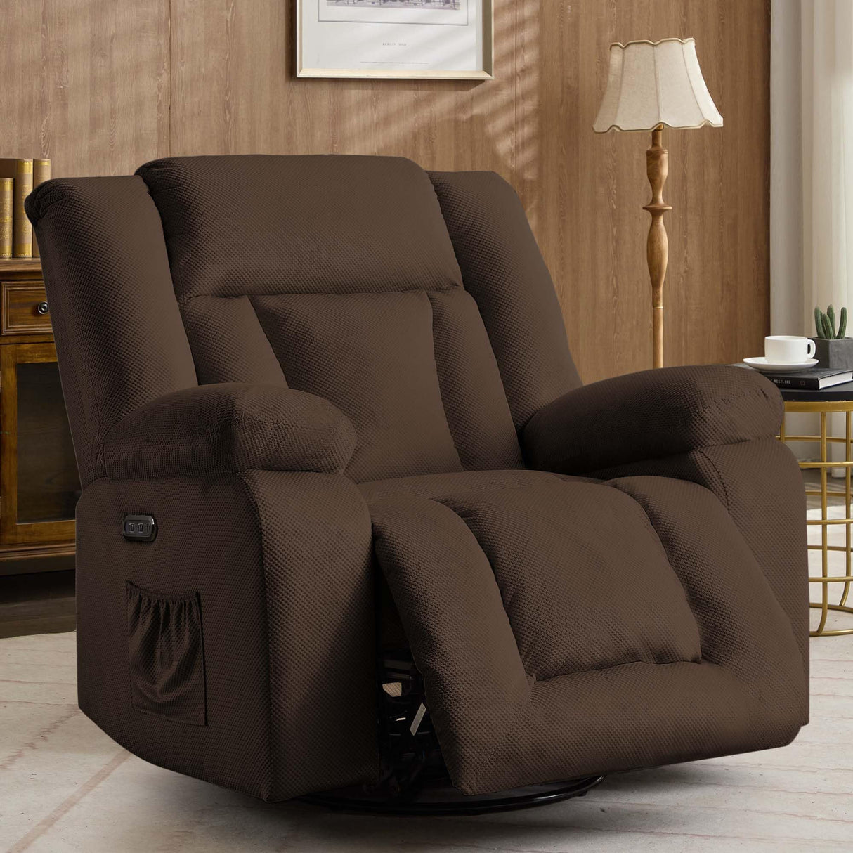 Korser Oversized Power Recliner Chair, Swivel Rocking Chair for Adults, Electric Glider Reclining with Massage and Heating, Waffle Fabric Rocker Recliner with Side Pockets for Living Room, Bedroom Korser