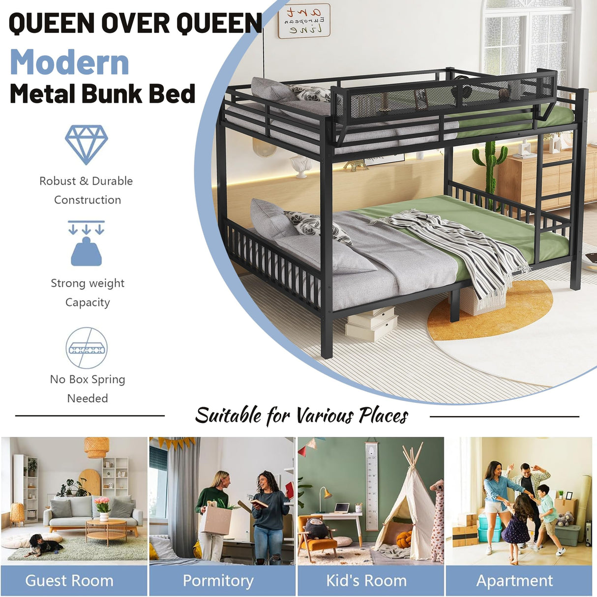 Mirightone Queen Over Queen Bunk Beds for Adults, Metal Bunk Bed Queen Size with Storage Shelf,Heavy-Duty Bunk Bed Frame with Ladder and Slats Support for Boys Girls,Space-Saving,Noise Reduced,Black Mirightone