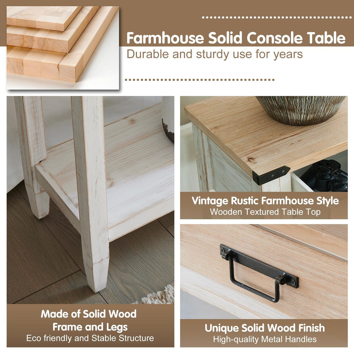 RUSTOWN Farmhouse Console Table with 4 Drawer, 60" Long Rustic Entryway Table with Open Storage Shelves and Handmade Metal Handle, Narrow Foyer Sofa Table for Living Room, Entryway, Hallway(White) RUSTOWN