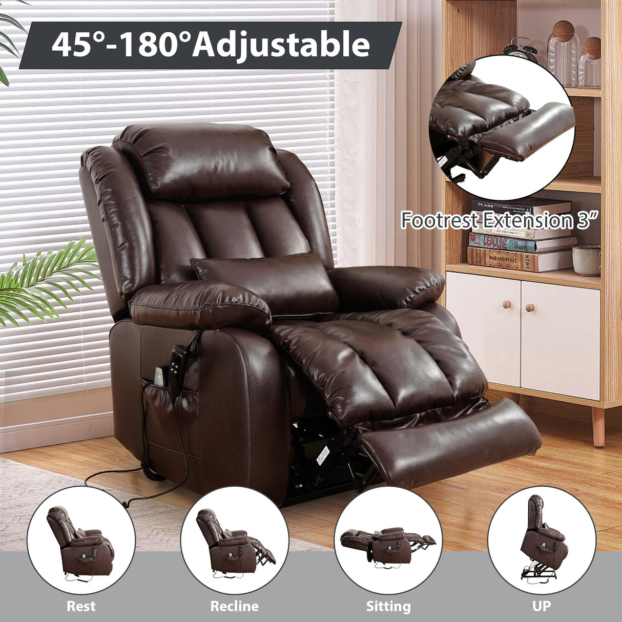 EDILLY Large Genuine Leather Power Lift Recliner Chair for Elderly, Dual Motor with Massage and Heating,with Double Lumbar Cushion and Extended Footrest,USB Port and Remote(Brown) EDILLY